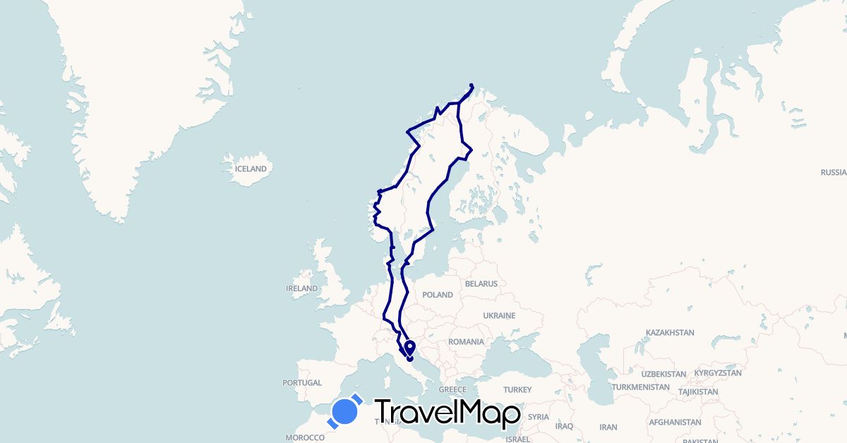 TravelMap itinerary: driving in Austria, Germany, Denmark, Finland, Italy, Norway, Sweden (Europe)